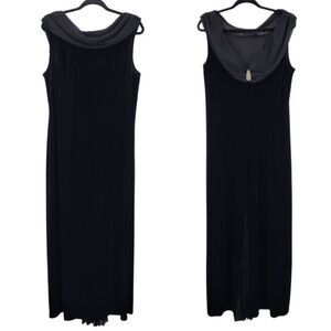 Vntage Black Velour Stretch Gown Sz 18 Scoop Back Jeweled Pleated Slit Cocktail